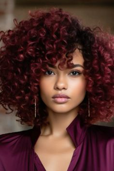 Hairstyles And Colors For Medium Hair, Plum Burgundy Hair With Highlights, Red Curly Hair Styles, Red Cherry Hair Curly, Curly Hair Inspo Color, Dark Cherry Curly Hair, Red Hair Color Curly, Black Cherry Hair Color Curly Hair, Cherry Curly Hair