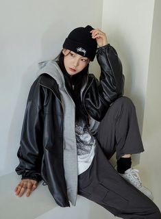 Relaxed Fit Faux Leather Jacket J24 by Lewkin. We provide worldwide shipping directly from Seoul, South Korea, an epicenter of Asian fashion renaissance. Black Zip Up Hoodie Outfit, Korean Female Fashion, Festival Trends, Black Mesh Top, Kpop Style, Streetwear Casual, Seoul South Korea, Boatneck Sweater, Faux Leather Jacket