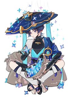 an anime character sitting on the ground with stars around her and holding a blue umbrella over her head