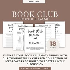 Elevate your book club gatherings with our Book Club Party Games Bundle--an absolute must-have for literary enthusiasts! Ignite the literary spark with our thoughtfully curated collection of icebreakers designed to foster lively discussions. Whether you're meeting virtually or in person, our games add a delightful twist to your reading group experience. Unleash the laughter and camaraderie with Book Club Bingo, where literary clichés meet friendly competition. Dive into the world of characters w Games For Book Club, Book Club Games For Women, Book Games, Book Club Games, Book Club Activities, Charades Game, Book Club Parties, Book Club Meeting, Ice Breakers