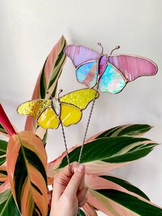 a hand is holding three colorful butterflies on a chain next to a potted plant