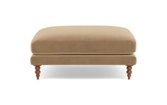 the footstool is made out of wood and has a beige fabric cover on it