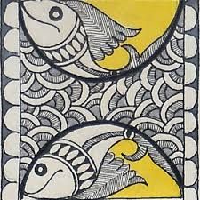 an image of two fish in the middle of a painting with yellow and black colors