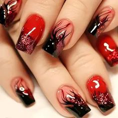 Ignite your style with these Flame Press-On Nails! This set includes 24 short square fake nails in a fiery red, featuring a striking black flame design and sparkling glitter accents. These full-cover glue-on nails are perfect for adding a bold touch to any look, whether you're heading to a party or just want to express your unique style. Designed for reusability, these glossy artificial nails offer both convenience and glamour, making them an essential addition to any woman's nail decoration collection. Get ready to turn heads with these eye-catching nails! Red Short Nails, Short Square Nails, Fake Nails With Glue, Nails For Women, Beautiful Nail Designs, Stick On Nails, Girls Nails