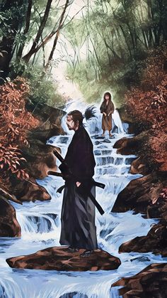 a painting of two people standing on rocks in front of a stream with water running through it