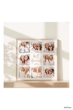 the best friends collage is displayed in a white frame on a wooden shelf next to a potted plant