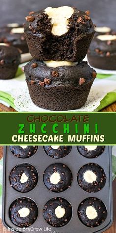 chocolate zucchini cheesecake muffins are stacked on top of each other