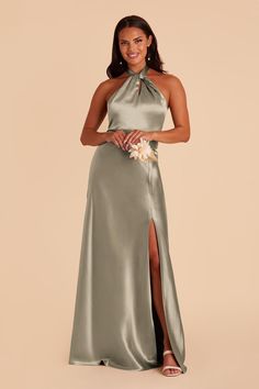 Monica Satin Bridesmaid Dress in Rose Gold | Birdy Grey Mocha Bridesmaid Dresses, Monica Dress, Sage Bridesmaid Dresses, Satin Gowns, Satin Bridesmaid Dress, Halter Bridesmaid Dress, Gold Bridesmaid Dresses, Birdy Grey, Halter Gown