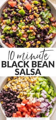 black bean salad in a white bowl with text overlay