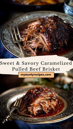 sweet and savory caramelized pulled beef brisket on a silver plate