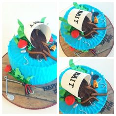 Birthday cake made for a kid who loves to fish. Birthday Cake One Year, Cake One Year, Worm Cake, Fish Cake Birthday, Pastel Rainbow Cake, Fishing Themed Birthday Party, Fishing Cake, Fishing Birthday Party, Fishing Birthday