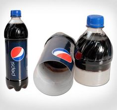 a black and white bottle with a blue cap next to a silver canister filled with pepsi