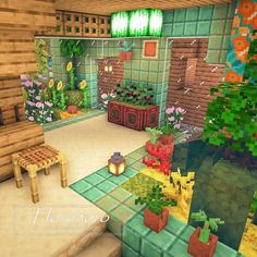 an image of a living room in minecraft with plants and flowers on the floor