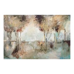 an abstract painting with trees and water