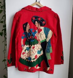 Vintage 40s Mexican Souvenir Tourist Jacket Wool Sweater Novelty Red Embroidered | eBay Man And Woman Dancing, Woman Dancing, Mexican Embroidery, Mexican Crafts, Mexican Women, Cell Phone Screen, Vintage 40s, Vintage Mexican, Phone Screen