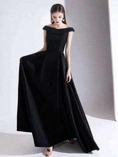 Black Satin Dress For Banquet, Black A-line Gown For Prom Season, Full Length Black Dress For Banquet, Black Full-length Dress For Banquet, Black Satin Floor-length Dress, Black Maxi Dress For Bridesmaids In Prom Season, Black Satin Maxi Dress For Banquet, Black Floor-length Bridesmaid Dress, Black Maxi Length Bridesmaid Dress