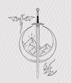 Two wyvern dragons surrounding a crescent moon with a sword and mountains from Sarah j Maas book Swords Tattoo, Vendor Market, Fantasy Tattoo, Tattoo Line, Tattoo Zeichnungen, Fantasy Tattoos