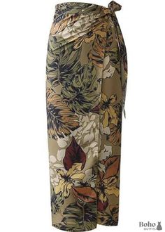 Boho Skirts in Wrap Skirt Green Tropical For Women - S - Model Rok, Foliage Print, Long Pencil Skirt, Midi Wrap Skirt, Hippie Skirts, Pakaian Feminin, Flower Leaves, Wrap Maxi Skirt, Leaves Print