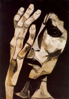 a painting of a woman holding her hands up to her face