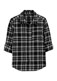 Crafted in soft cotton, this button-down shirt from Carter's is extra handsome in an all-over plaid print. | Carter's Boys 4-7 Plaid Printed Button Down Shirt Kids Plaid, Carter Kids, Boys Top, Plaid Print, Shop Clothing, Holiday Fashion, Kids Boys, Short Sleeve Shirt, Black Shirt