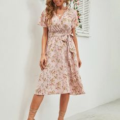 Xs=2 S=4 M=6 L=8/10 Xl=12 Xxl=14 Brand New Ships In 6-10 Days Style: Boho Pattern Type: Ditsy Floral Details: Belted Type: A Line Neckline: V Neck Sleeve Length: Short Sleeve Sleeve Type: Butterfly Sleeve Waist Line: High Waist Hem Shaped: Flared Length: Midi Fit Type: Regular Fit Fabric: Non-Stretch Material: Polyester Composition: 100% Polyester Care Instructions: Machine Wash Or Professional Dry Clean Body: Unlined Belt: Yes Sheer: No Casual Pink Non-stretch Midi Dress, Casual Non-stretch Pink Midi Dress, Casual Mid-length Floral Dress For Daywear, Floral Print Short Sleeve Non-stretch Midi Dress, Floral Print Non-stretch Short Sleeve Midi Dress, Non-stretch Pink Floral Print Midi Dress, Summer Dress Midi, Boho Dress Summer, Magnolia Dress