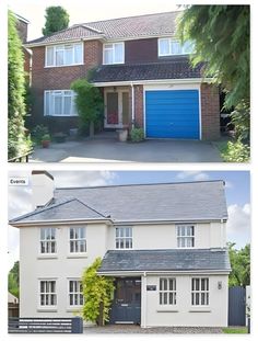 before and after pictures of a house with blue garage doors on the front, side by side