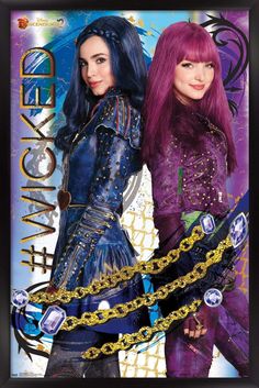 two girls with purple hair and chains in front of a blue background, one is wearing a