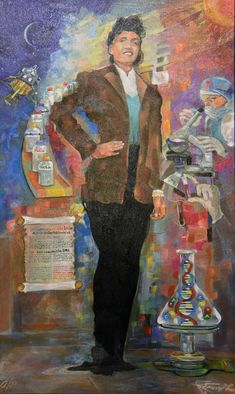 a painting of a man standing in front of some bottles