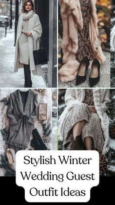 four different styles of winter wedding guest outfits with text overlay that reads, stylish winter wedding guest outfit ideas