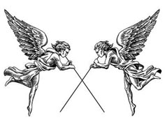 two cherubs with crossed swords in their hands, vintage line drawing or engraving illustration