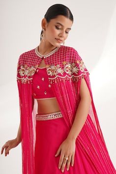 Pink cape featuring sequin and crystal embellished floral patterns. Comes with embroidered butti pattern padded blouse and can can attached lehenga skirt. - Aza Fashions Beaded Cape, Pink Cape, Padded Blouse, Lehenga Skirt, Cape Sleeves, Can Can, Pink Beads, Set Women, Floral Patterns