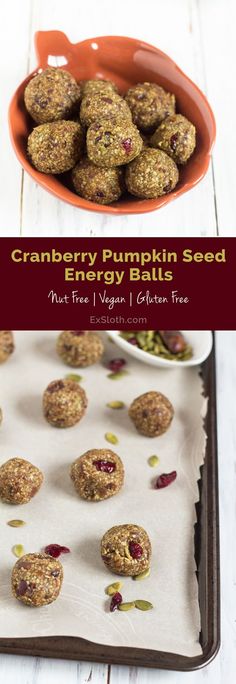 cranberry pumpkin seed energy balls on a baking sheet and in a red bowl