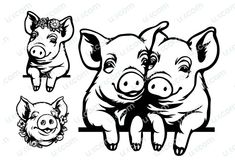 three pigs sitting next to each other on top of a wooden bench with flowers in their hair