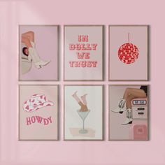 four pink posters with different designs on them