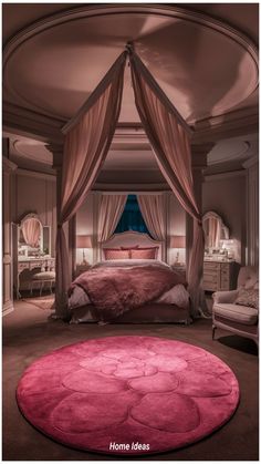 a bedroom with a pink rug on the floor and a bed in the corner that has a canopy over it