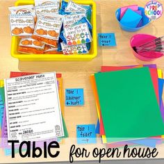 table for open house with supplies on it and text overlay that reads, table for open house