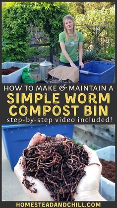 a woman is holding up some compost bins in her hands and the words, how to make & maintain a simple worm compost bin