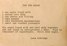 an old letter with writing on it that says yum yum salad i can eagle brand mix