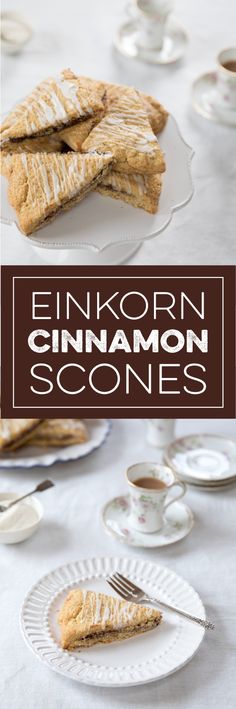 some food is sitting on plates with spoons and saucers around it, along with the words eenkorn cinnamon scones