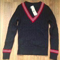 New With Tags Womens Ralph Lauren Cable Knit Sweater Black/ Red Size Small. Preppy Knit Sweater For Winter, Preppy Knit Sweater For Fall, Fitted Preppy Winter Sweater, Preppy Sweater With Ribbed Cuffs For Fall, Casual Navy V-neck Sweater For Fall, Ralph Lauren Cable Knit Sweater For Fall, Fitted Long Sleeve Preppy Sweater, Preppy Long Sleeve Fitted Sweater, Preppy Fitted Long Sleeve Sweater