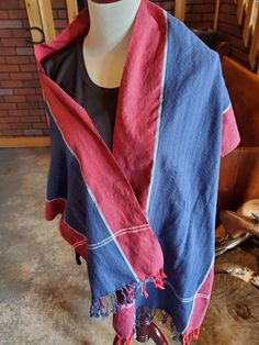 This cotton scarf/wrap was handwoven in Thailand. It measures 15 inches by 66 inches approximately, not counting fringe. Cotton Scarf, Red White Blue, Scarf Wrap, White Blue, Scarf Accessory, Shawl, Red White, Thailand, Hand Weaving