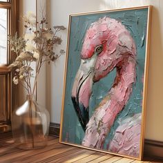 a painting of a pink flamingo in front of a vase with flowers on the floor