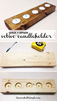 the diy wooden candle holder is made out of wood and has four candles in it