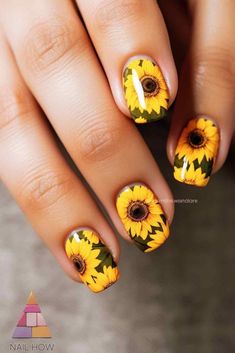 Brighten up your summer with these cheerful sunflower nail designs! The vibrant yellow sunflowers against a green background make for a stunning summer nail look. Discover more cool summer nails at nailhow.com. Sunflower Nail Designs, Sunflower Nail, Sunflower Nails