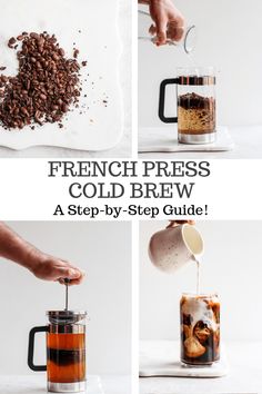 french press cold brew recipe with coffee being poured into the mug and then stirred in water