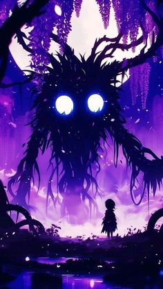 an image of a monster with glowing eyes in front of purple and blue lights, surrounded by trees