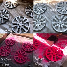 four different types of wheels are shown in the process of being painted with pink and white paint