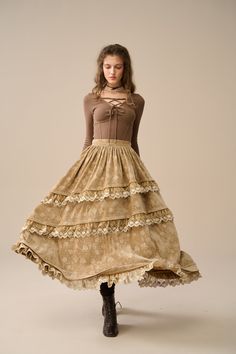 Step back in time with our Victorian Style Skirt, where every stitch reflects exceptional craftsmanship. Revel in the elegance of this skirt adorned with a graceful flare that flows seamlessly as you walk or dance, creating a captivating presence at the Renaissance Festival or any historical event.  You'll be pleased with these ruffles. Why not pair it with a simple, casual blouse and let this skirt be the focal point of your look. 【Fabric】 Plum/brown: 100%Linen, around 200g/gram. Medium weight. Wheat/Black: 100% Velvet 【Size】 *SIZE XS waist: 26"/ 65 cm *SIZE S waist: 27"/ 70 cm *SIZE M waist: 29/ 75 cm *SIZE L waist: 31.5" / 80 cm SIZE XL Waist: 33"/ 85cm SIZE XXL waist : 35" / 90 cm SIZE 3XL waist : 37" / 95 cm Lace Maxi Skirt With Ruffles And Tiered Design, Lace Tiered Maxi Skirt With Ruffles, Cottagecore Long Skirt With Ruffles, Victorian Ruffled Skirt, Long Lace Skirt With Patchwork, Long Lace Skirt With Lace Patchwork, Long Skirt With Lace Patchwork, Long Lace Dress With Ruffled Skirt, Fitted Bohemian Lace Maxi Skirt