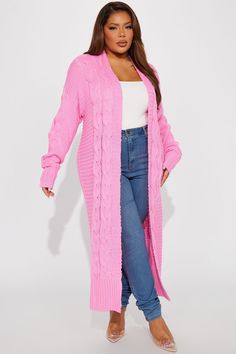 Available In Black, Pink, And Taupe. Cardigan Sweater Long Sleeve Open Front Cable Knit 100% Acrylic Imported | Aneria Long Cardigan in Pink size 1X by Fashion Nova Taupe Cardigan, Long Cardigan Sweater, Unique Outfit, Long Sweaters Cardigan, Women Hoodies Sweatshirts, Sweater Long Sleeve, Long Cardigan, Pink Fashion, Cardigan Sweater