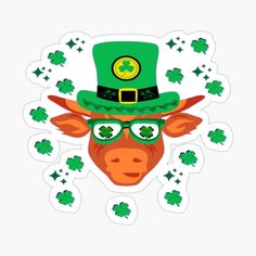 a sticker with a cow wearing a green hat and glasses on it's head